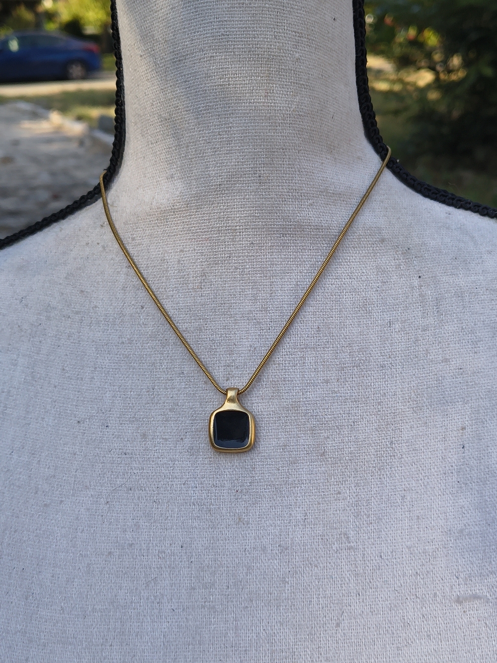 Gold-Tone Necklace with Black Square Pendant - Women Jewelry